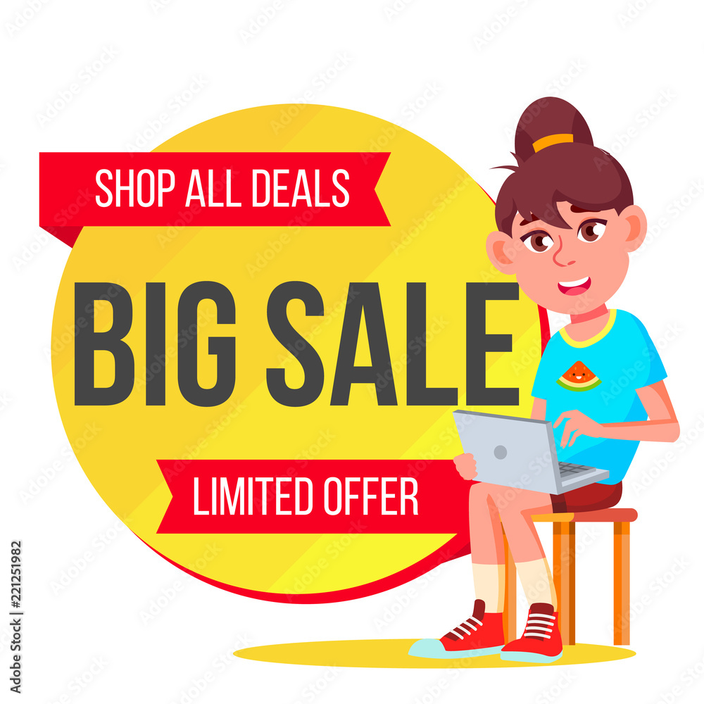 Big Sale Banner Vector. School Children, Pupil. Cartoon. Sale Banner Tag. Isolated Illustration