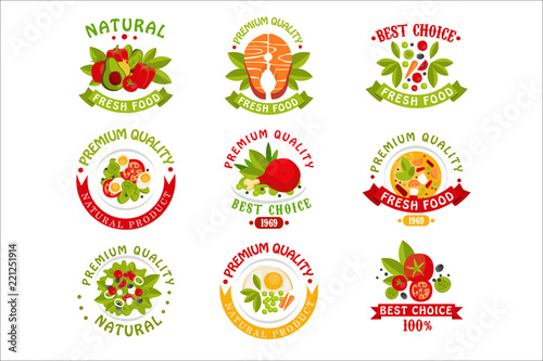 Premium quality food logo templates set, natural products vector Illustrations