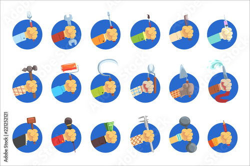 Hands holding tools set, mans hand with the symbol of the profession, jobs avatar vector Illustrations