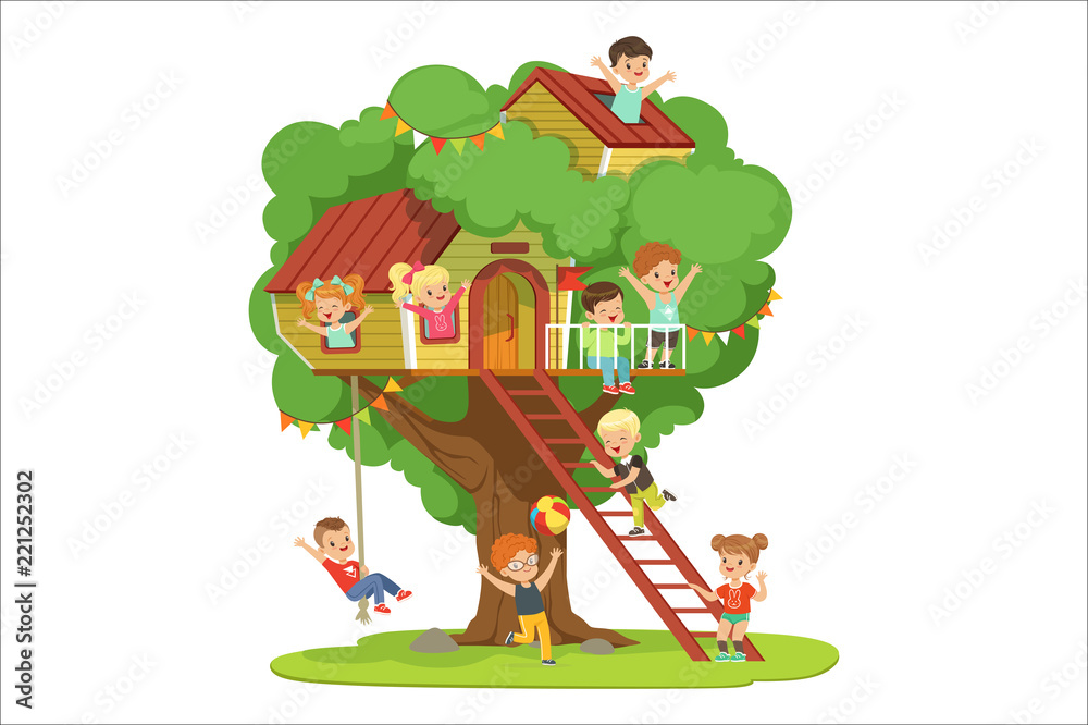 Fototapeta premium Kids having fun in the treehouse, childrens playground with swing and ladder colorful detailed vector Illustration