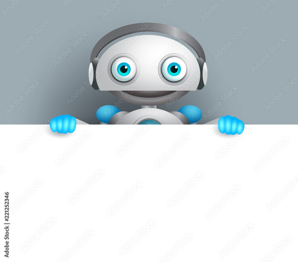 Robot vector character with a friendly smile holding blank white board ...