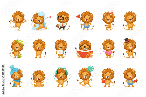 Cute lion characters posing in different situations colorful vector Illustrations