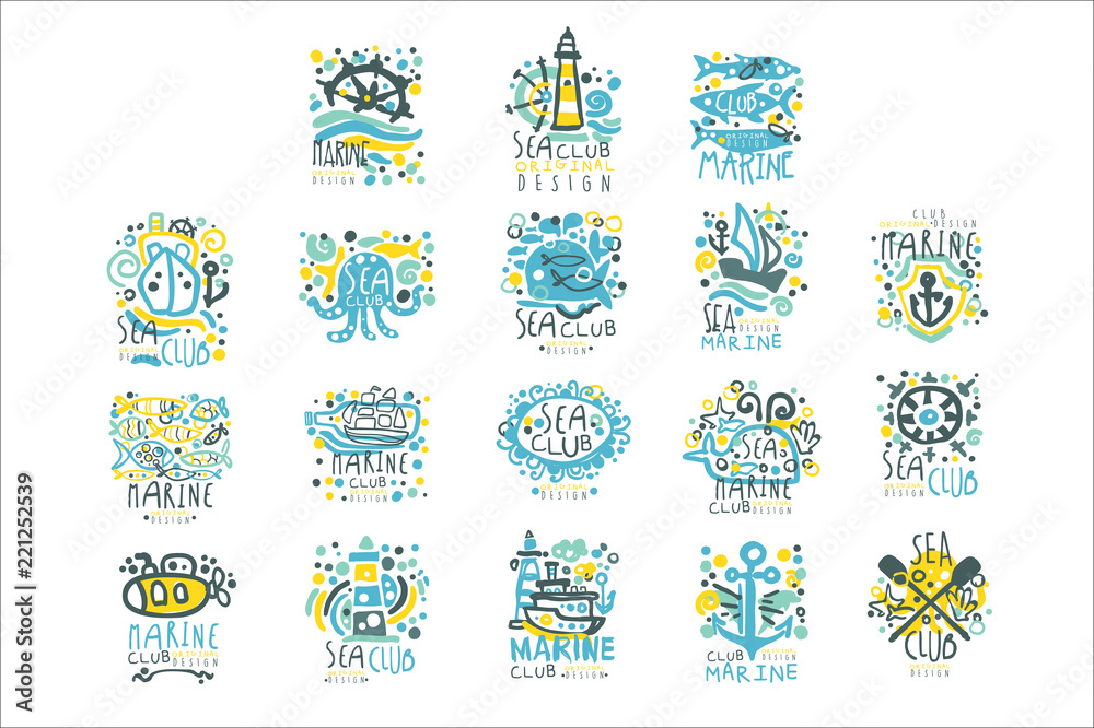 Sea club set for label design. Yacht club, sailing sports or marine travel hand drawn colorful vector Illustrations Sea club set for label design. Yacht club, sailing sports or marine travel hand drawn colorful vector Illustrations