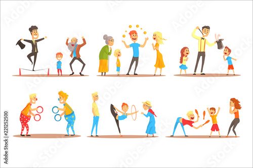 Young man character juggling with orange balls before happy people. Circus or street actor colorful cartoon detailed vector Illustration