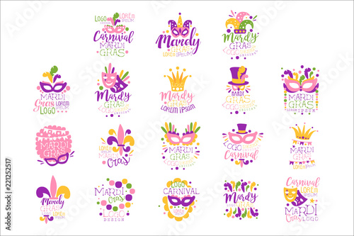 Mardi Gras logo set original design, hand drawn colorful vector Illustrations
