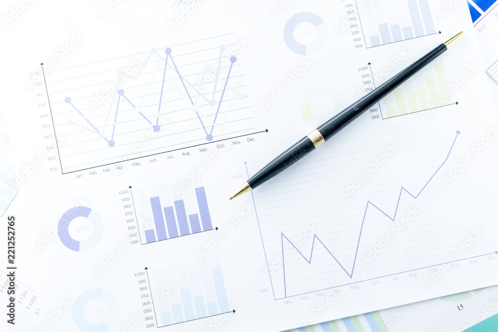 Close up a Pen on Business Graphs finance document. Close up a Pen on Business Graphs finance document.
