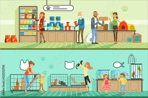 Pet shop horizontal banners set, people buying pets, aquarium fish, food for animals, cage, accessories for care