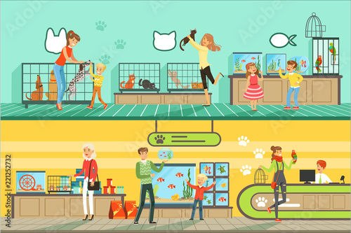 Pet shop horizontal banners set, people buying pets, aquarium fish, food for animals, cage, accessories for care