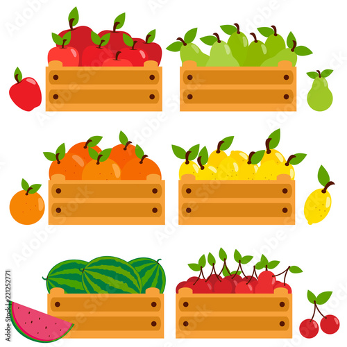 Fruits in wooden crates. Apples, pears, lemons, cherries, oranges and watermelons. Vector illustration