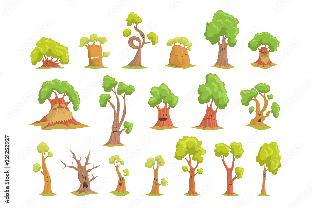 Cute tree characters set, funny humanized trees with different emotions
