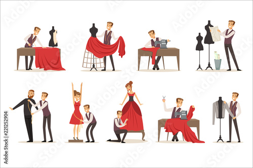 Dressmaker set, male designer tailoring measuring and sewing for his customers vector Illustrations