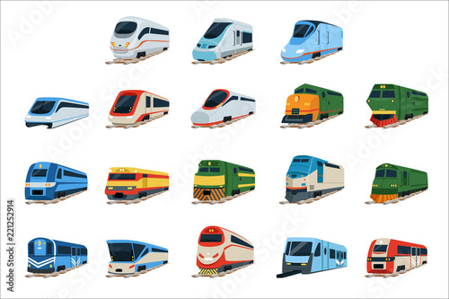 Retro and modern trains locomotive set, railway carriage vector Illustrations photo