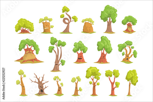 Cute tree characters set, funny humanized trees with different emotions colorful hand drawn vector Illustrations