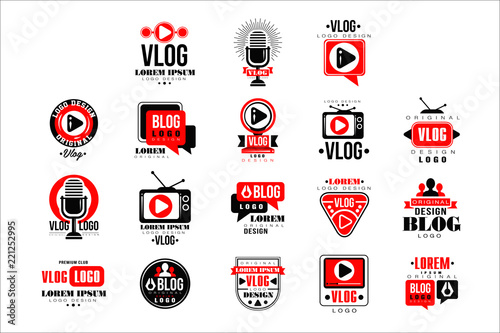 Vlog and blog original logo design set, video blogging or video channel badges vector Illustrations