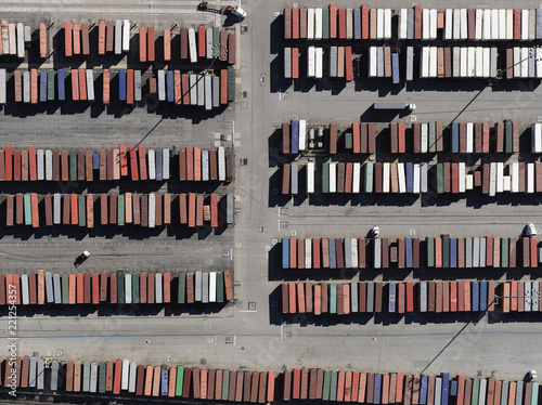 Aerial view trains in sunny shunting yard, Los Angeles, California, USA photo
