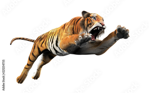 Fototapeta Naklejka Na Ścianę i Meble -  Dangerous Bengal Tiger Roaring and Jumping Isolated on White Background, with Clipping Path, 3d Illustration.
