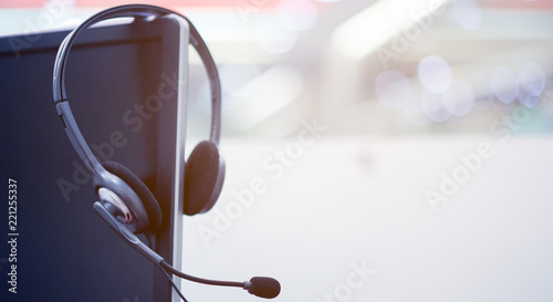 close up headset earphone for call center occupation concept. photo