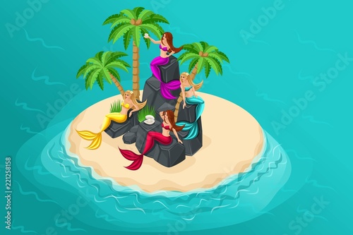 Isometry game concept cartoon with fairy-tale characters, an uninhabited island, an island of mermaids, beauties sing and drown fishermen, serenas