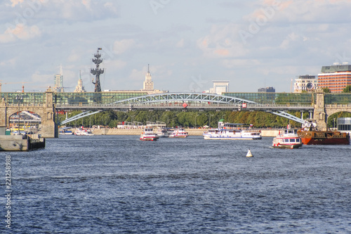 Moscow, Russia - August, 15, 2018: Boats on Moscow river in a center of Moscow, Russia