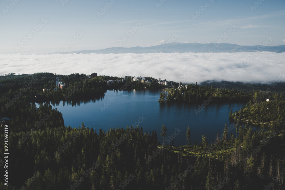 Blue lake surrounded by forest. Beautiful landscape. Photo with edit space