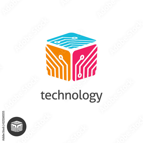Tech logo vector illustration, red color technology logotype with circuit or electronic board in cube shape symbol