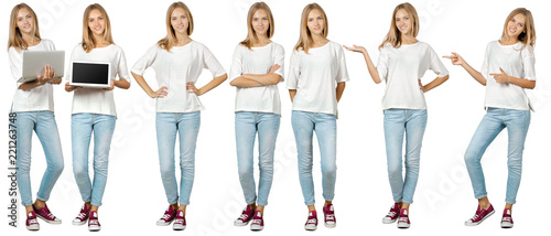 Collage of young woman. Isolated on white background photo