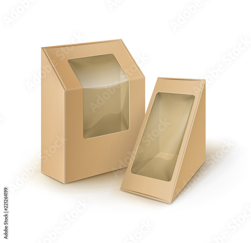Vector Set of Brown Blank Cardboard Rectangle Triangle Take Away Boxes Packaging For Sandwich, Food, Gift, Other Products with Plastic Window Mock up Close up Isolated on White Background