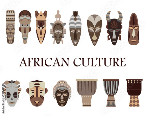 Color set of 14 African masks and drums. Afrcian culture.