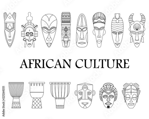 Monochrome set of 14 African masks and drums in lines. Afrcian culture.