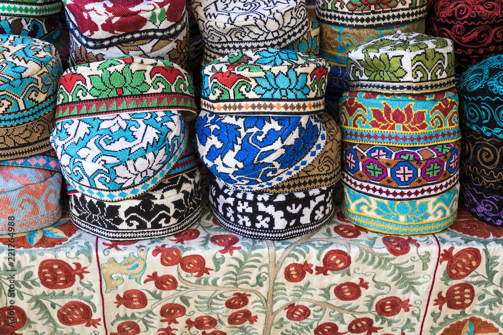 The traditional Uzbek cap named tubeteika, decorated with multi colored  embroidery. Bukhara, Uzbekistan, Central Asia Stock Photo | Adobe Stock