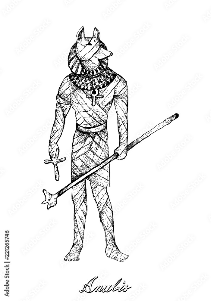 Illustration Hand Drawn Sketch of Anubis Isolated on White Background. A God Associated with The Mummification and Afterlife in Ancient Egyptian Religion. Illustration Hand Drawn Sketch of Anubis Isolated on White Background. A God Associated with The Mummification and Afterlife in Ancient Egyptian Religion.