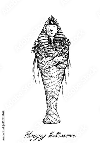 Illustration Hand Drawn Sketch of Pharaoh Mummy in Ancient Egyptian Religion. Isolated on White Background.  photo