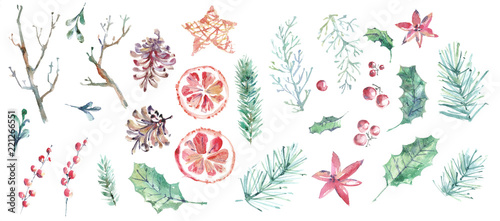Merry Christmas watercolor collection. Hand drawn elements