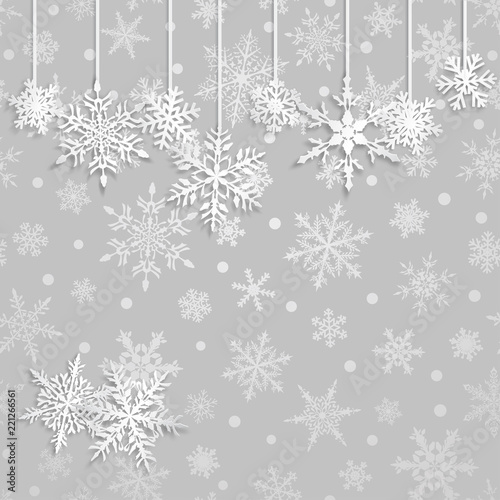 Christmas illustration with white hanging snowflakes on gray background © Olga Moonlight