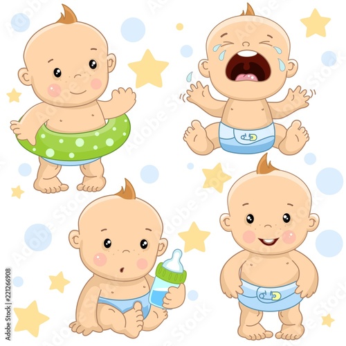 Set of illustrations of icons of baby of children of boy with a life ring, hysterical and crying, with a bottle of milk, and is standing.