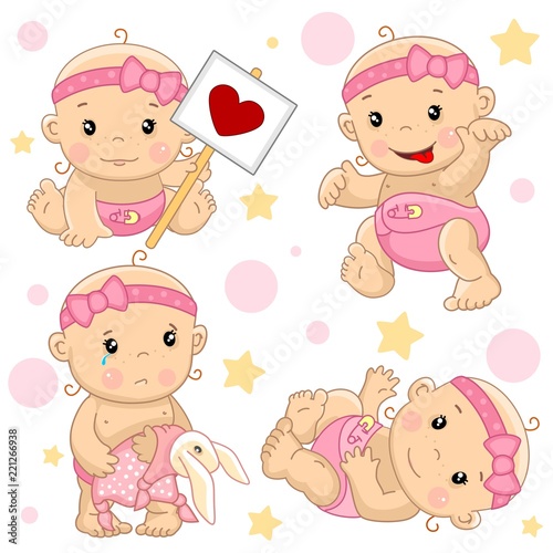 A set of illustrations of icons of baby of children of girls strikes with a sign, goes scary with the tongue sticking out, stands with a hare toy rattled, an angel with wings and with arrows of love.