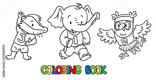 Badger, elephant and owl doing exercises. Sport.