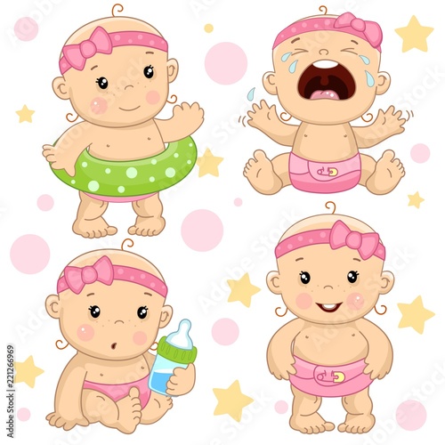 Set of illustrations of icons of baby of children of girls with a life ring, hysterical and crying, with a bottle of milk, and is standing.