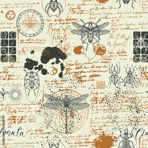 Vector seamless abstract background with insects in retro style. Beetles, dragonflies, ink stains, doodles and handwritten inscriptions on the old manuscripts. Can be used as Wallpaper, wrapping paper