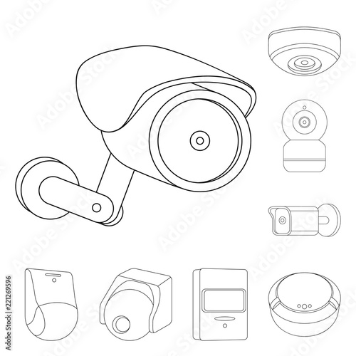 Vector illustration of cctv and camera sign. Set of cctv and system stock symbol for web.