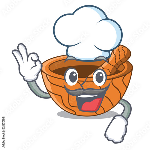 Chef character cartoon wooden mortar and pestle