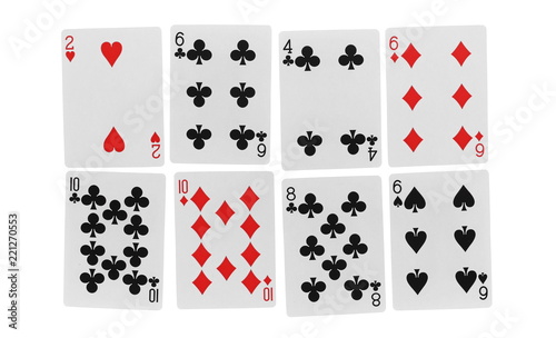 Set and collection of playing cards for poker and gambling, isolated on white background with clipping path