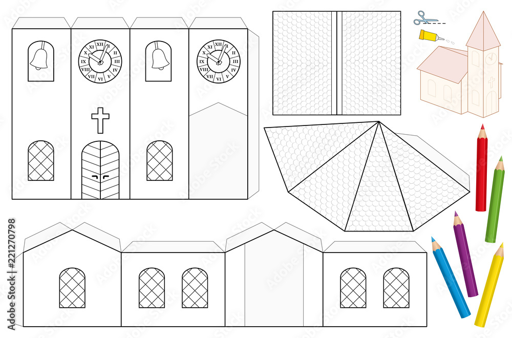 Church paper craft sheet. Unpainted cut-out template for children for coloring and making a 3d scale model church with steeple, nave, roofs, stained glass windows, door, cross, belfry, tower clock. Stock Vector |
