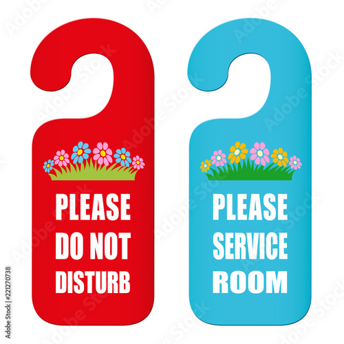 Two door hangers to cut out. PLEASE DO NOT DISTURB and PLEASE SERVICE ROOM. Isolated vector illustration on white background.