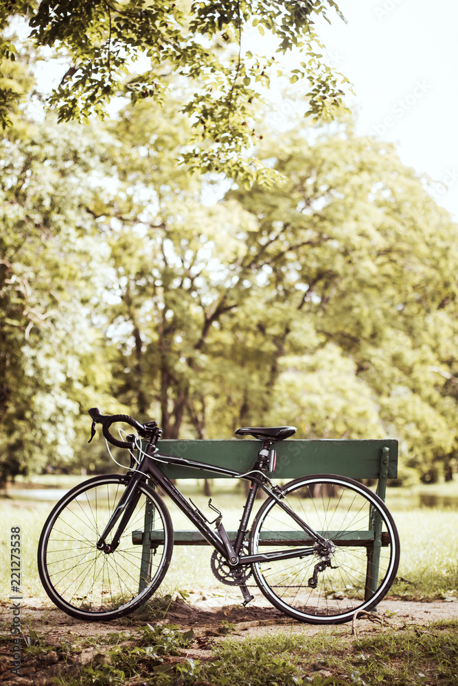 Bike in the park with chair.