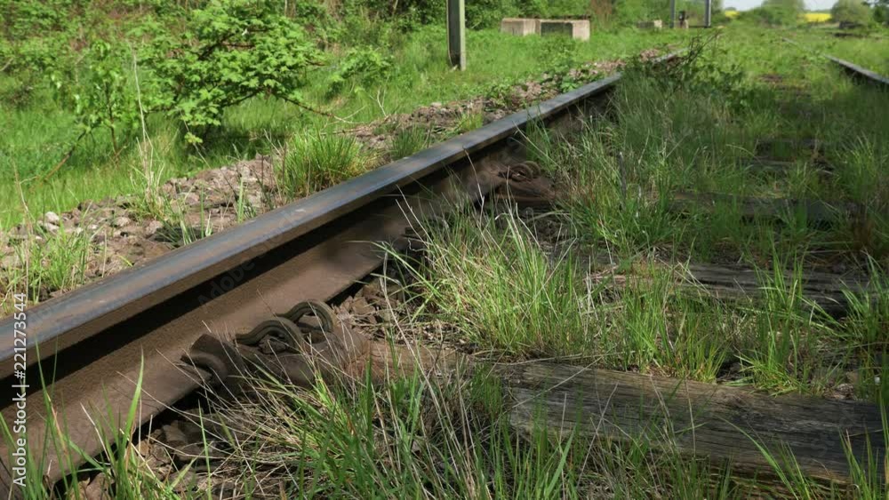Close up of forgotten abandoned disused railway line and sleepers overgrown by grass and weeds in summer, England Close up of forgotten abandoned disused railway line and sleepers overgrown by grass and weeds in summer, England
