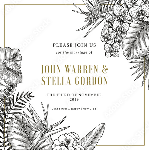 Exotic flowers and leaves. Tropical style. Elegant wedding invitation template. Vector illustration photo