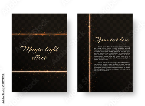 Christmas card with shiny gold neon stripes and bright sparkles. Vector illustration on a transparent background