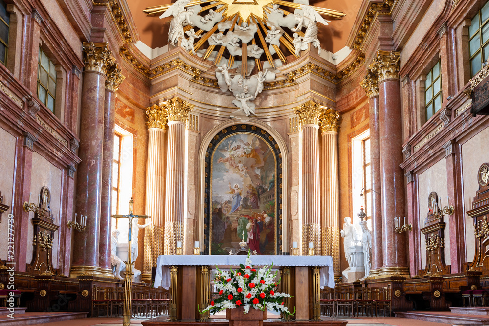 Szombathely, Hungary - Aug 27, 2018: Our Lady of the Visitation Cathedral internal view also called Szombathely Catholic Cathedral in the city of Szombathely