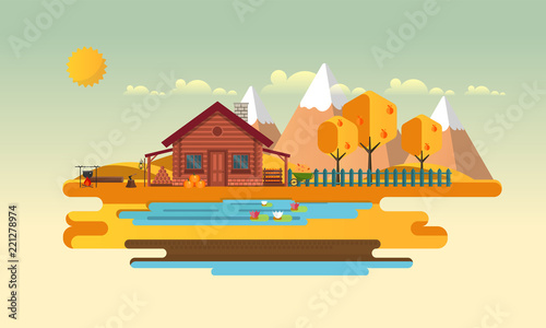 Flat Vector Landscape Illustration in Autumn, with wooden house.
